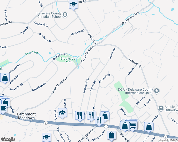 map of restaurants, bars, coffee shops, grocery stores, and more near 124 Rockwood Road in Newtown Square