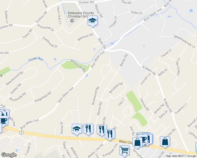 map of restaurants, bars, coffee shops, grocery stores, and more near 124 Rockwood Road in Newtown Square