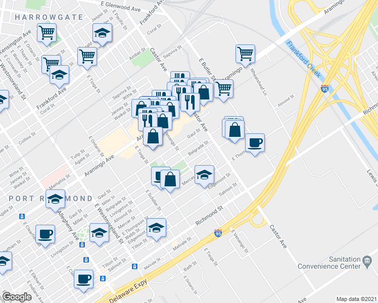 map of restaurants, bars, coffee shops, grocery stores, and more near 3620 Belgrade Street in Philadelphia