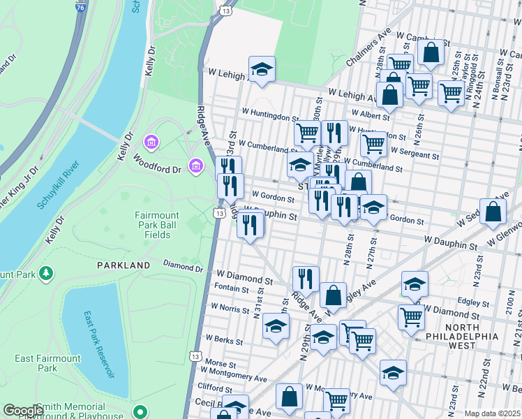 map of restaurants, bars, coffee shops, grocery stores, and more near 3121 West Dauphin Street in Philadelphia