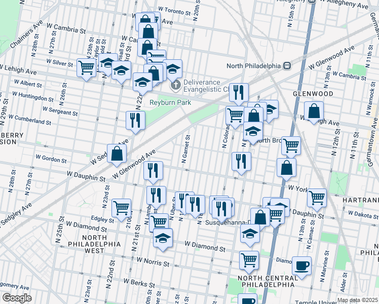 map of restaurants, bars, coffee shops, grocery stores, and more near 2450 North 19th Street in Philadelphia