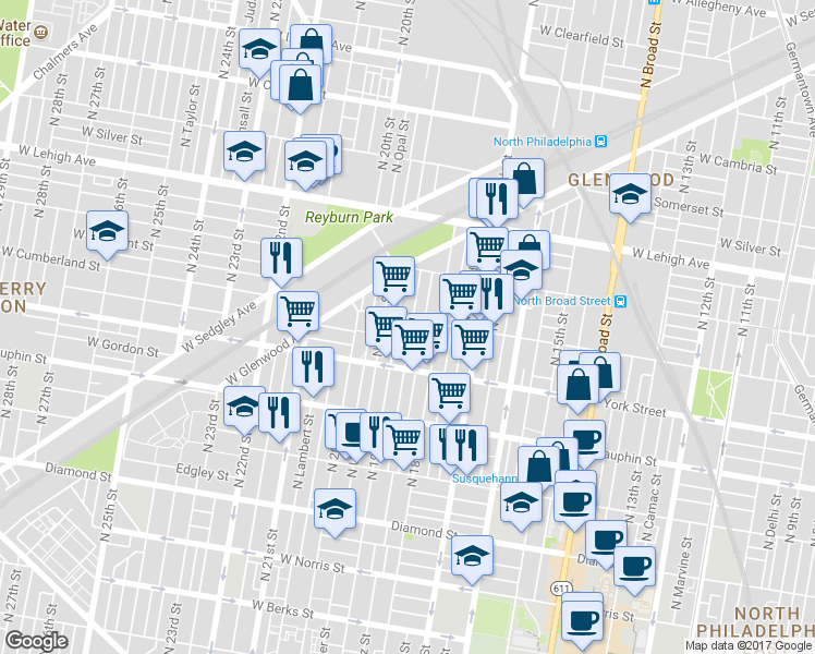 map of restaurants, bars, coffee shops, grocery stores, and more near 2458 North Gratz Street in Philadelphia