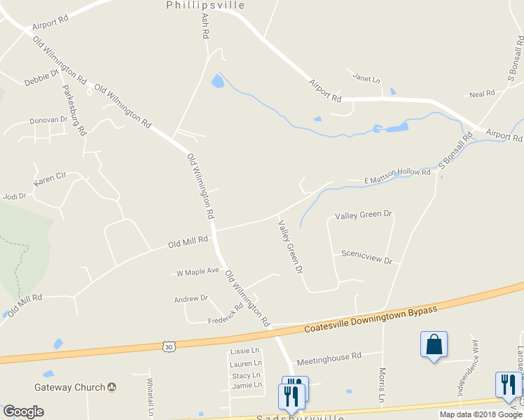 map of restaurants, bars, coffee shops, grocery stores, and more near 145 West Mattson Hollow Road in Coatesville
