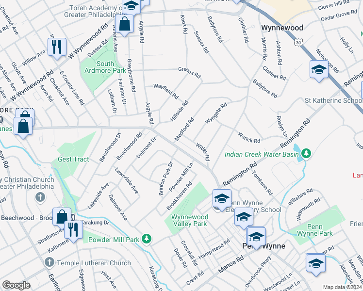 map of restaurants, bars, coffee shops, grocery stores, and more near 439 Haverford Road in Wynnewood