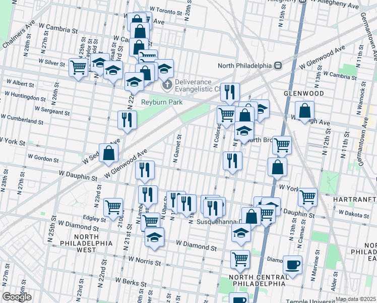 map of restaurants, bars, coffee shops, grocery stores, and more near 2458 North Gratz Street in Philadelphia