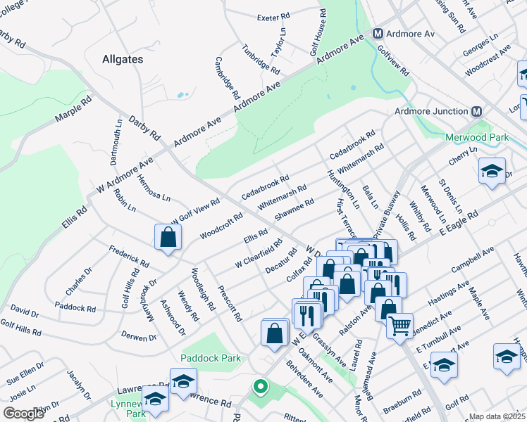 map of restaurants, bars, coffee shops, grocery stores, and more near 11 Whitemarsh Road in Ardmore