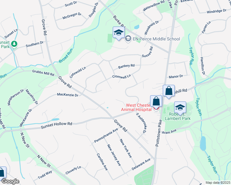 map of restaurants, bars, coffee shops, grocery stores, and more near 1101 Cotswold Lane in West Chester