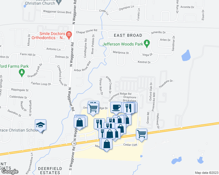 map of restaurants, bars, coffee shops, grocery stores, and more near 309 Piney Creek Drive in Blacklick