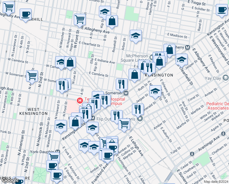 map of restaurants, bars, coffee shops, grocery stores, and more near 406 East Somerset Street in Philadelphia