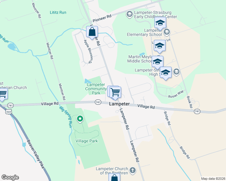 map of restaurants, bars, coffee shops, grocery stores, and more near 1626 Lampeter Road in Lancaster