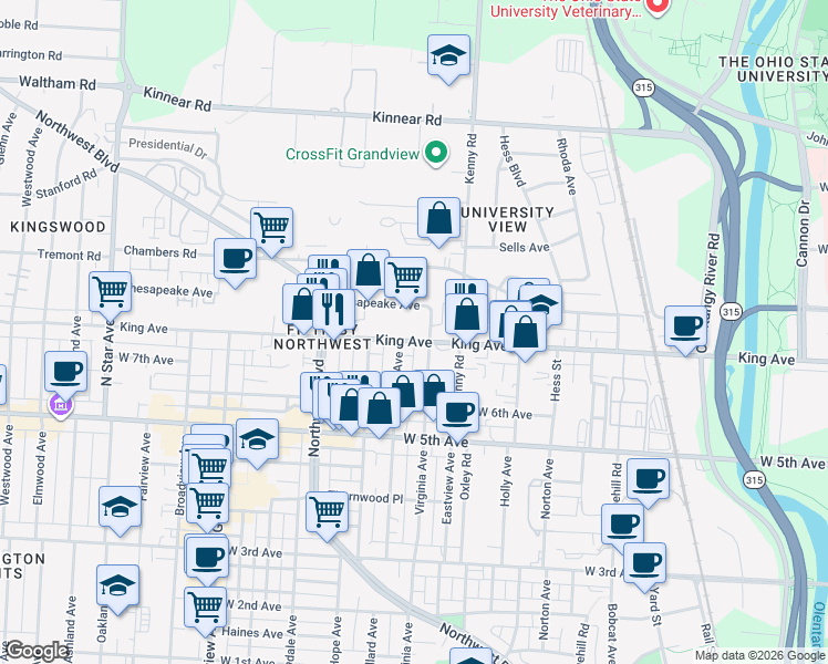 map of restaurants, bars, coffee shops, grocery stores, and more near 1126 King Avenue in Columbus