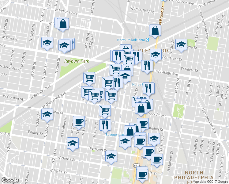 map of restaurants, bars, coffee shops, grocery stores, and more near 2503 North 17th Street in Philadelphia