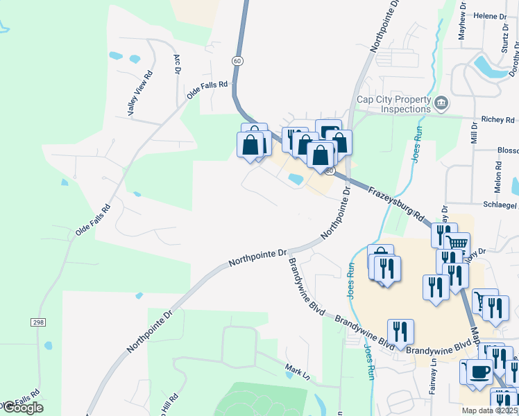 map of restaurants, bars, coffee shops, grocery stores, and more near 3825 Gorsky Drive in Zanesville
