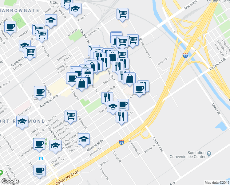 map of restaurants, bars, coffee shops, grocery stores, and more near 2535 Pickwick Street in Philadelphia