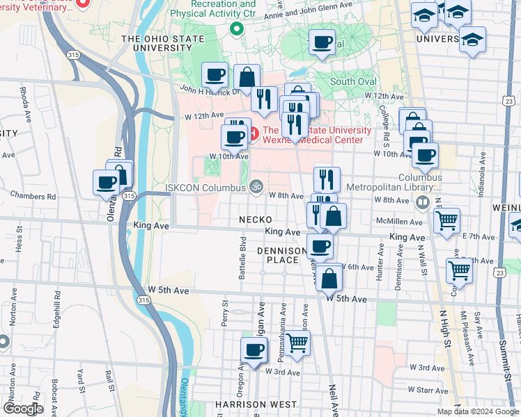 map of restaurants, bars, coffee shops, grocery stores, and more near 1489 Michigan Avenue in Columbus
