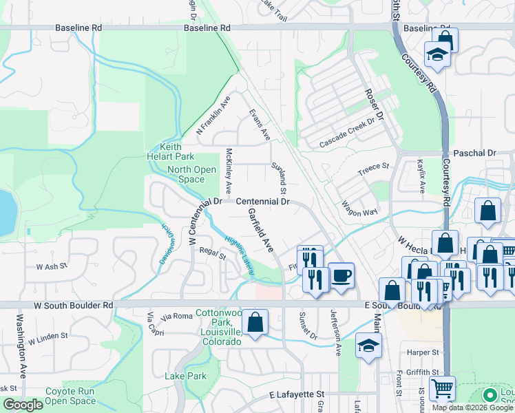 map of restaurants, bars, coffee shops, grocery stores, and more near 338 Centennial Drive in Louisville