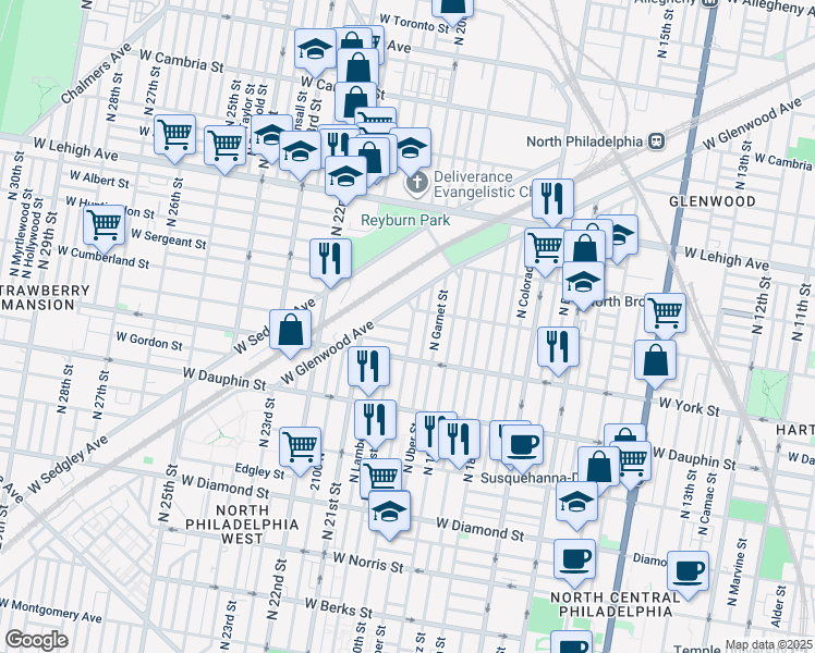 map of restaurants, bars, coffee shops, grocery stores, and more near 2432 North 20th Street in Philadelphia