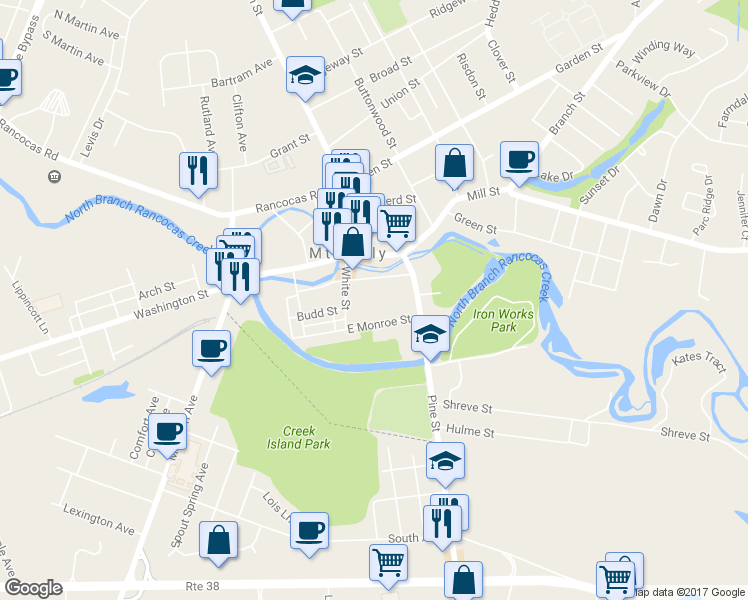 map of restaurants, bars, coffee shops, grocery stores, and more near 30 Church Street in Mount Holly