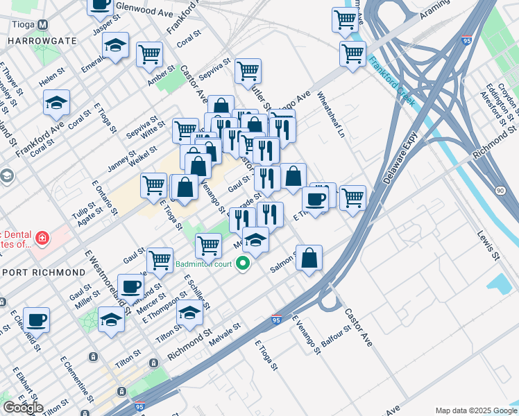 map of restaurants, bars, coffee shops, grocery stores, and more near 2535 Pickwick Street in Philadelphia