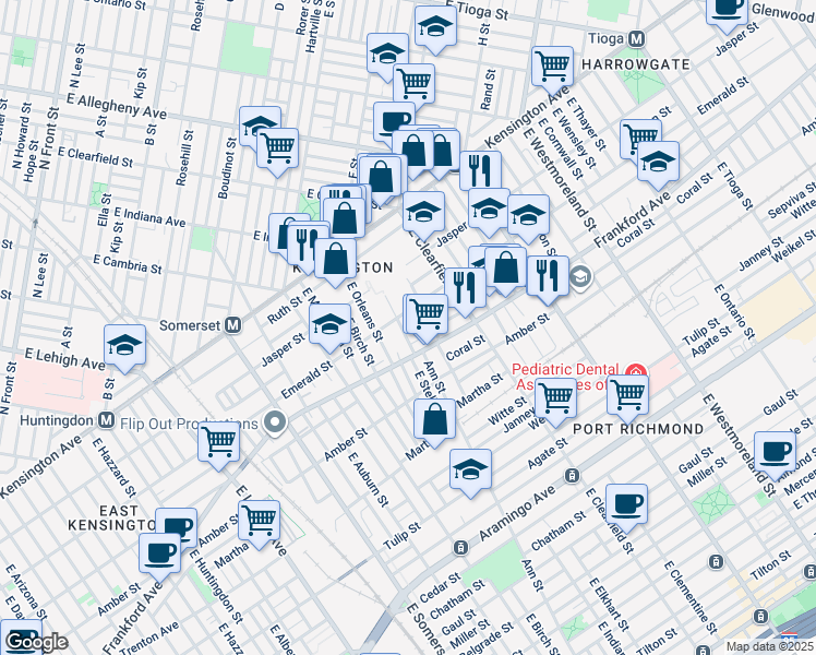 map of restaurants, bars, coffee shops, grocery stores, and more near 2017 East Stella Street in Philadelphia
