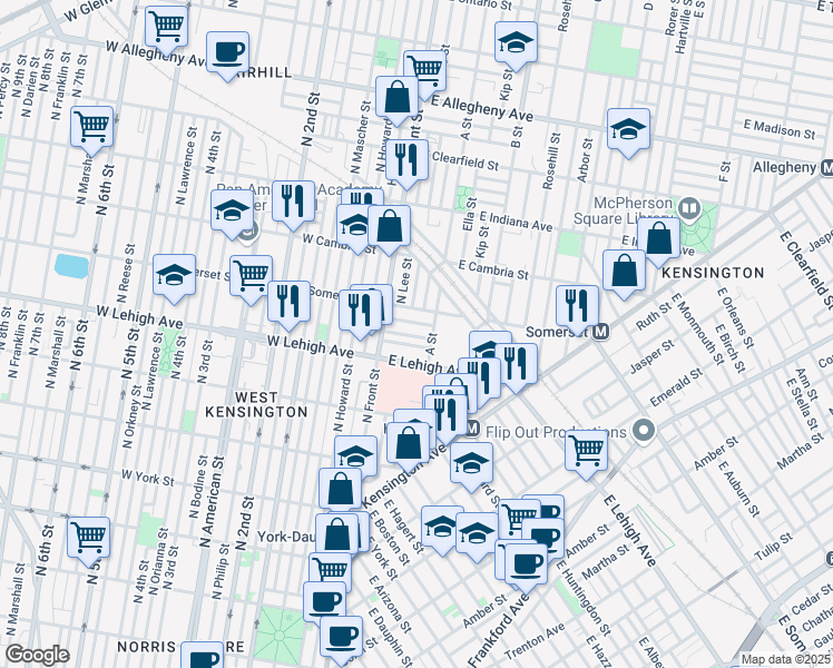map of restaurants, bars, coffee shops, grocery stores, and more near 105 East Silver Street in Philadelphia