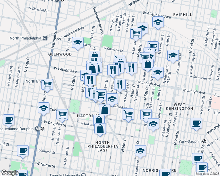 map of restaurants, bars, coffee shops, grocery stores, and more near 2614 North 8th Street in Philadelphia