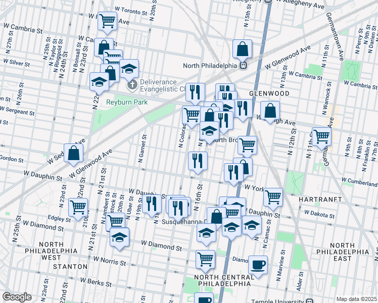 map of restaurants, bars, coffee shops, grocery stores, and more near 2503 North 17th Street in Philadelphia