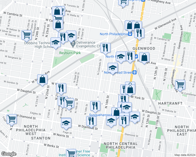 map of restaurants, bars, coffee shops, grocery stores, and more near 2471 North Colorado Street in Philadelphia