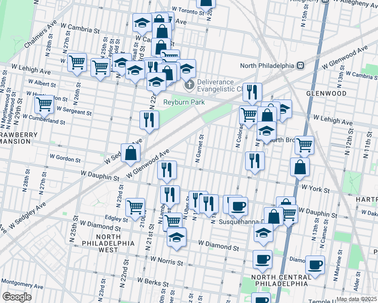 map of restaurants, bars, coffee shops, grocery stores, and more near 2445 North 20th Street in Philadelphia