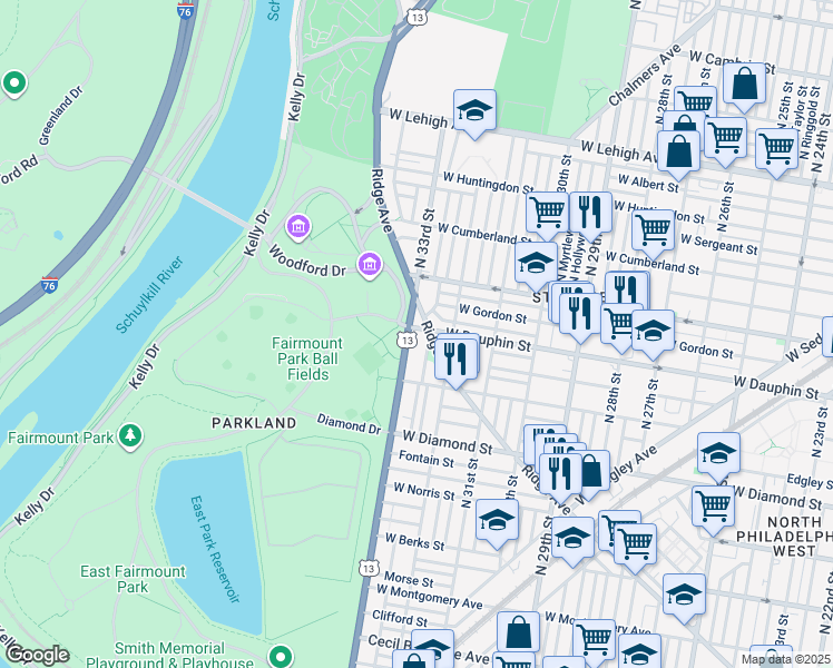 map of restaurants, bars, coffee shops, grocery stores, and more near 2249 North 33rd Street in Philadelphia