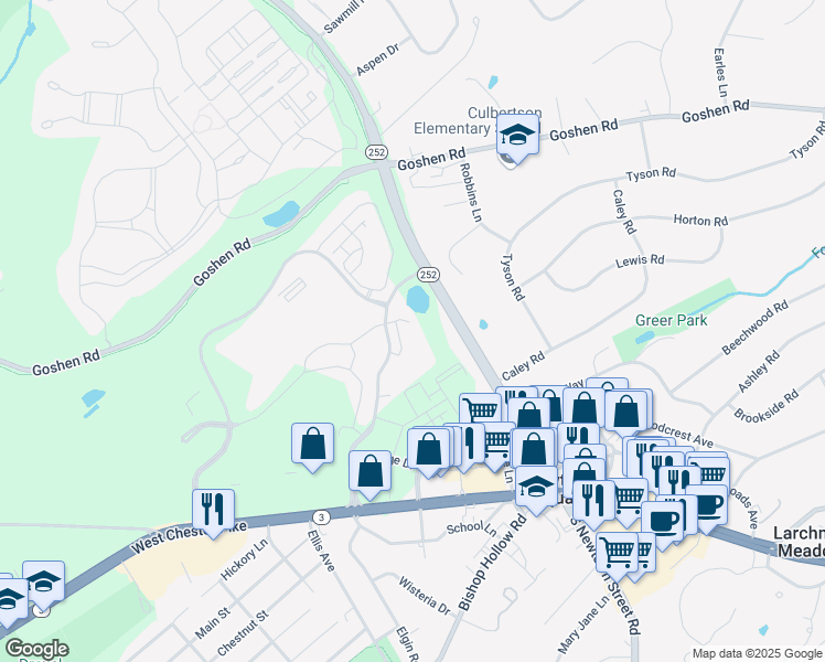 map of restaurants, bars, coffee shops, grocery stores, and more near 600 Charles Ellis Lane in Newtown Square