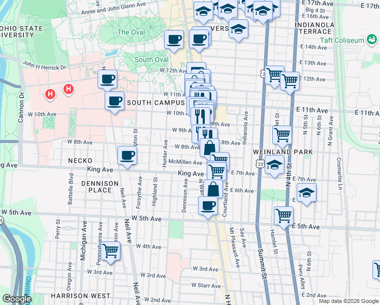 map of restaurants, bars, coffee shops, grocery stores, and more near 1423 North High Street in Columbus