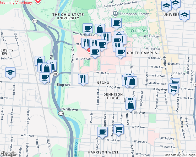 map of restaurants, bars, coffee shops, grocery stores, and more near 1498 Belmont Avenue in Columbus