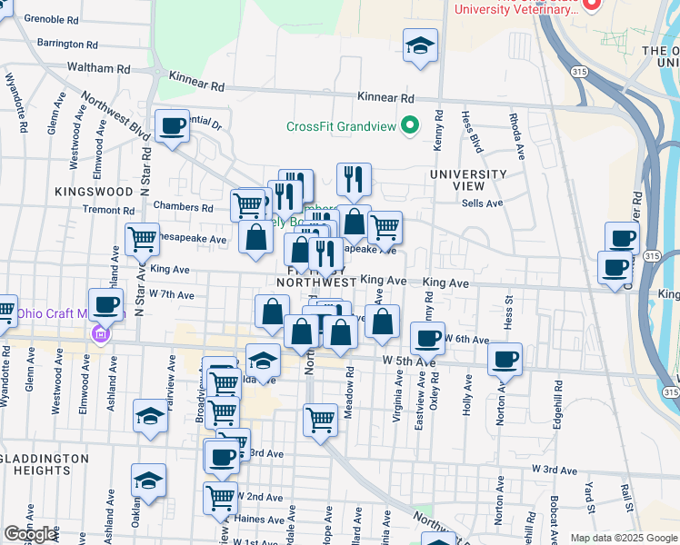 map of restaurants, bars, coffee shops, grocery stores, and more near 1250 King Avenue in Columbus
