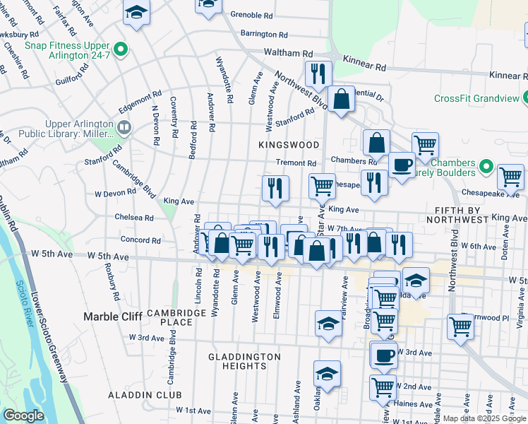 map of restaurants, bars, coffee shops, grocery stores, and more near 1671 King Avenue in Columbus