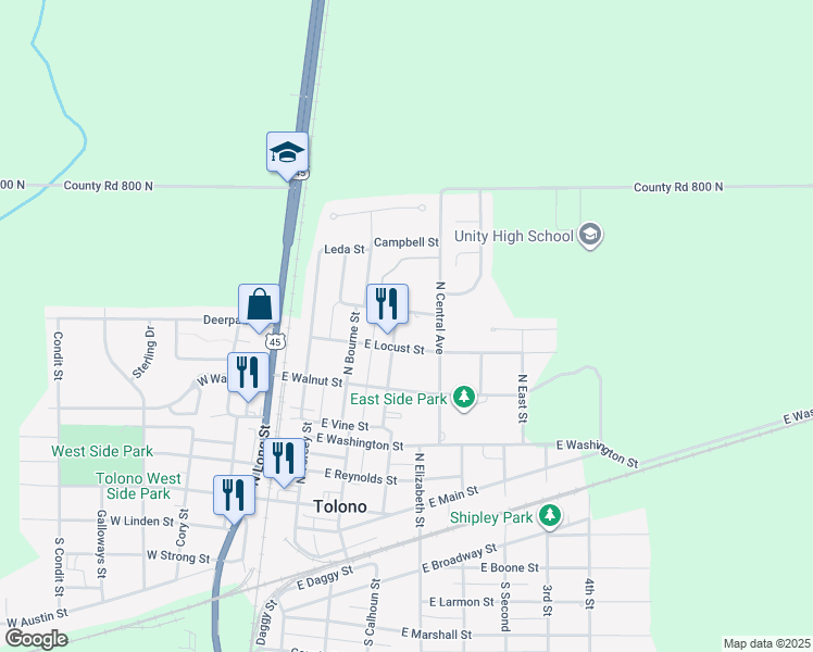 map of restaurants, bars, coffee shops, grocery stores, and more near 609 North Calhoun Street in Tolono