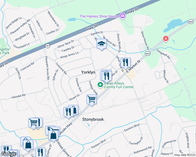 map of restaurants, bars, coffee shops, grocery stores, and more near 149 Heistand Road in York