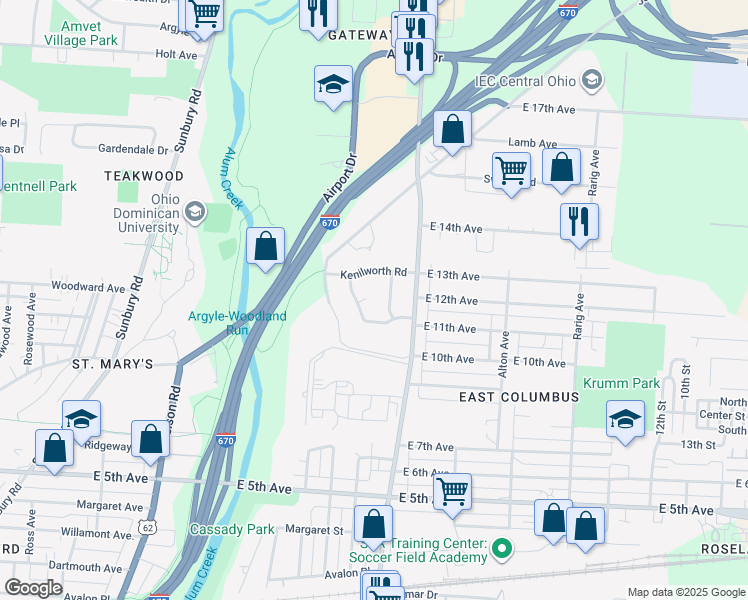 map of restaurants, bars, coffee shops, grocery stores, and more near 1044 Roxbury Court in Columbus