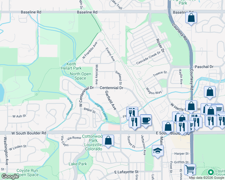 map of restaurants, bars, coffee shops, grocery stores, and more near 344 Centennial Drive in Louisville