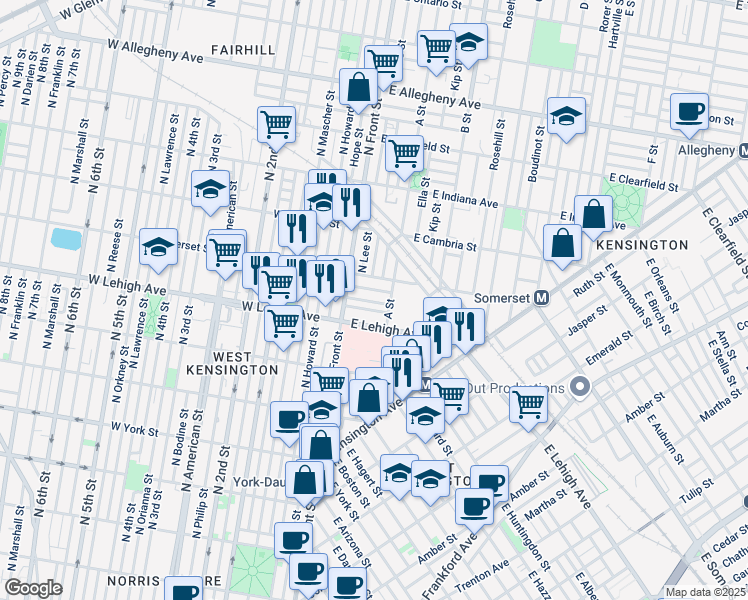 map of restaurants, bars, coffee shops, grocery stores, and more near 30 East Silver Street in Philadelphia