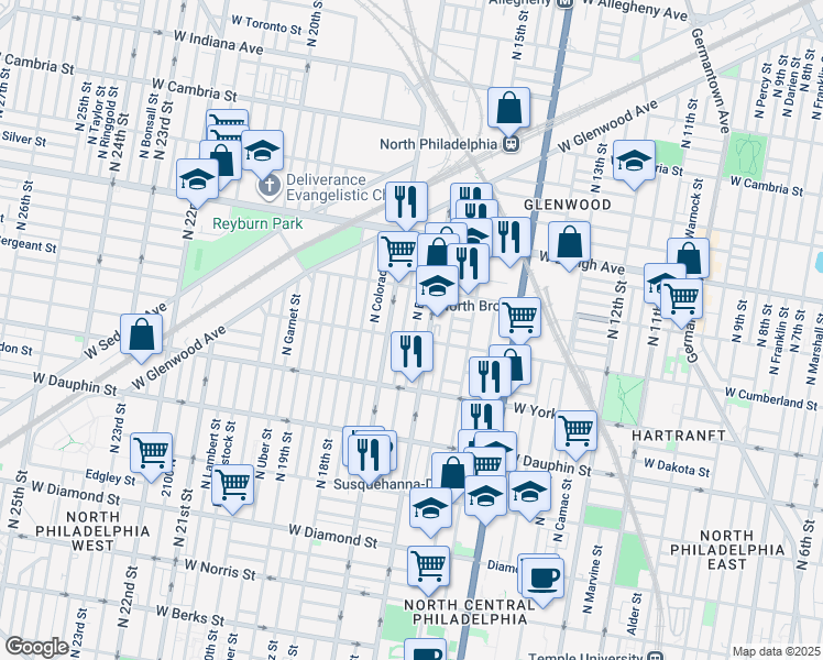 map of restaurants, bars, coffee shops, grocery stores, and more near 2508 North Bancroft Street in Philadelphia