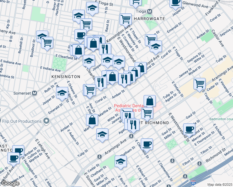 map of restaurants, bars, coffee shops, grocery stores, and more near 2081 East Lippincott Street in Philadelphia