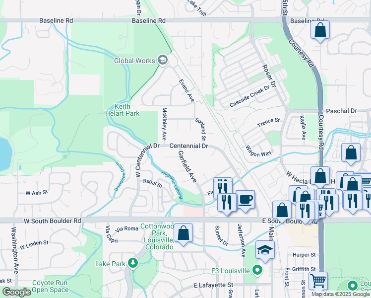 map of restaurants, bars, coffee shops, grocery stores, and more near 344 Centennial Drive in Louisville