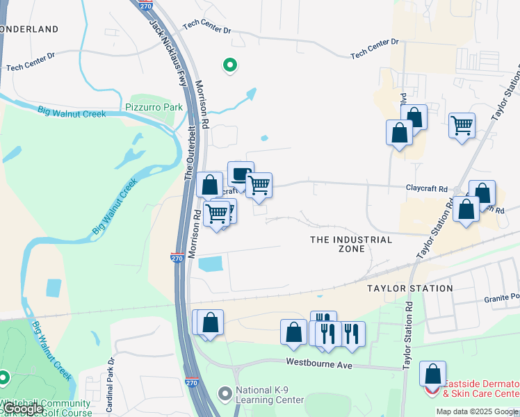 map of restaurants, bars, coffee shops, grocery stores, and more near 885 Claycraft Road in Columbus