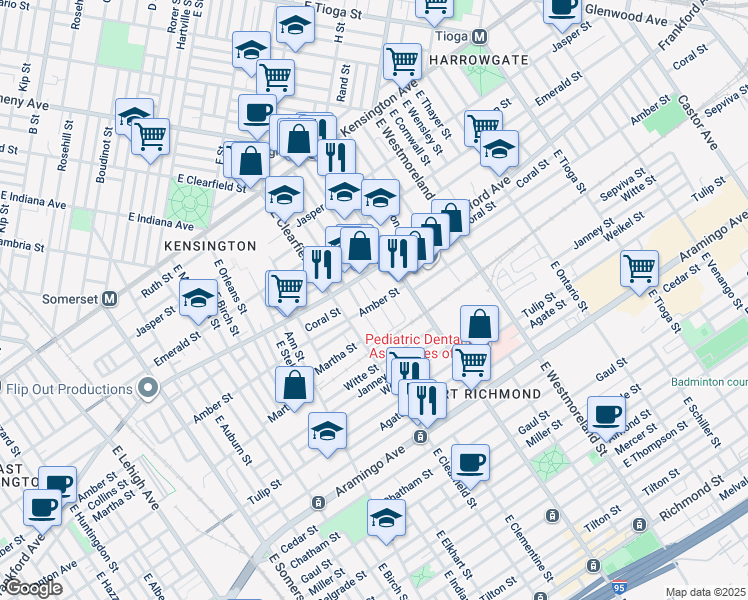 map of restaurants, bars, coffee shops, grocery stores, and more near 2081 East Lippincott Street in Philadelphia