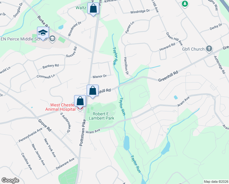 map of restaurants, bars, coffee shops, grocery stores, and more near 122 Greenhill Road in West Chester