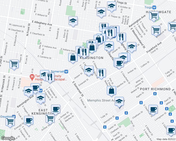 map of restaurants, bars, coffee shops, grocery stores, and more near 1904 East Monmouth Street in Philadelphia