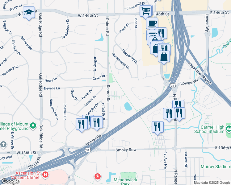 map of restaurants, bars, coffee shops, grocery stores, and more near 1201 Rohrer Road in Carmel