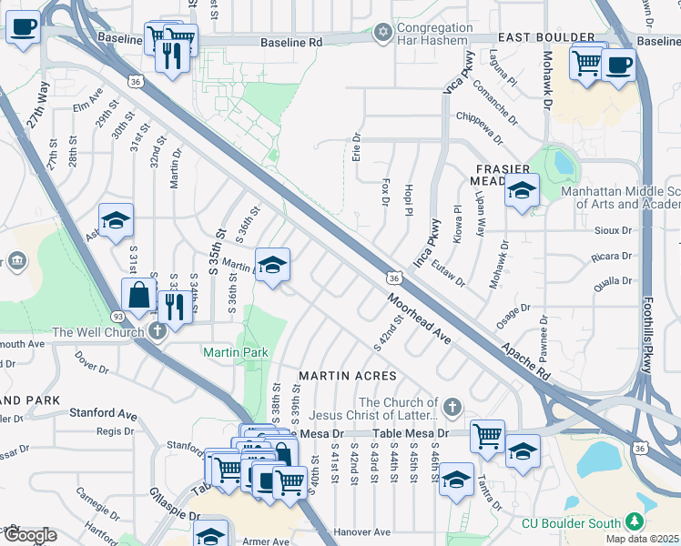 map of restaurants, bars, coffee shops, grocery stores, and more near 20 South 38th Street in Boulder