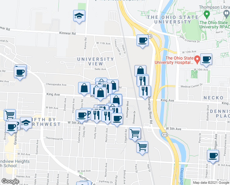 map of restaurants, bars, coffee shops, grocery stores, and more near Mc Millen Avenue in Columbus